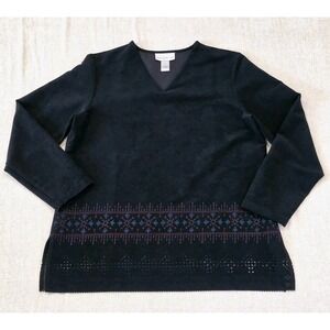 Susan Graver Large Black Liquid Knit V-Neck Tunic w Keyhole Cut Out Trim